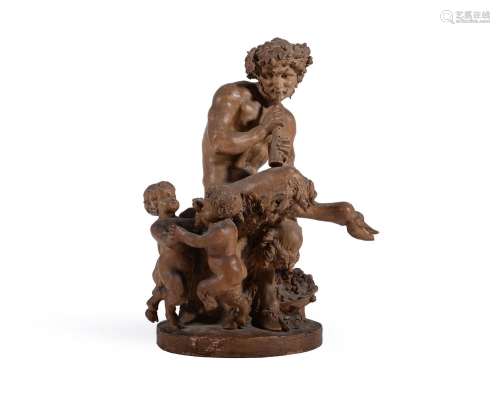A TERRACOTTA FIGURE OF A FAUN PLAYING A FLUTE, ITALIAN OR FR...