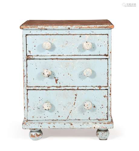 A VICTORIAN PALE BLUE AND DARK OCHRE PAINTED CHEST OF DRAWER...