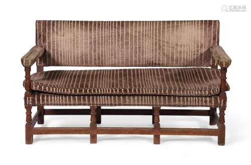 AN ARTS & CRAFTS OAK AND UPHOLSTERED SOFA, CIRCA 1890