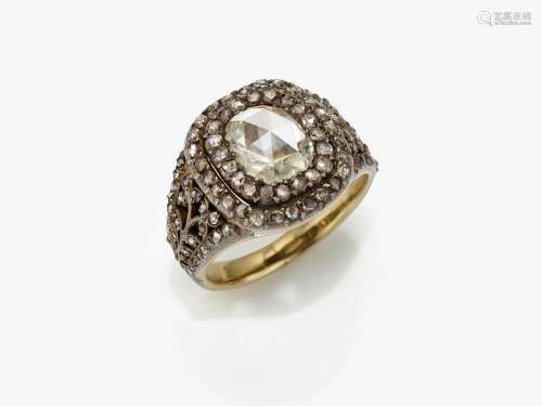 A ring with a large briolette cut diamond