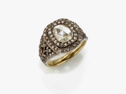 A ring with a large briolette cut diamond