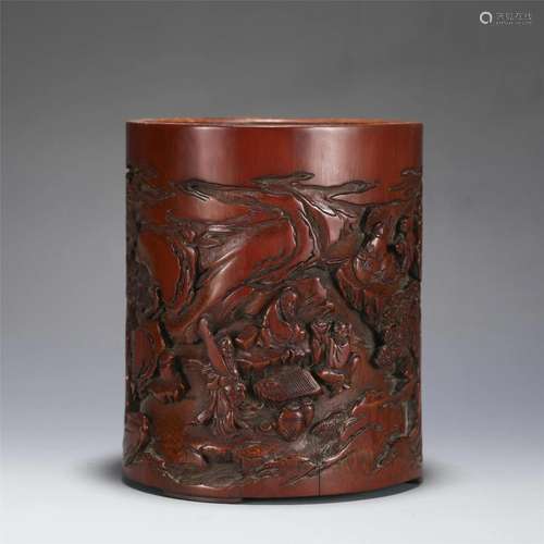 A Carved Bamboo Figural Story Brushpot