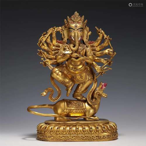 A Rare Tibetan Bronze-Gilt Ganesha