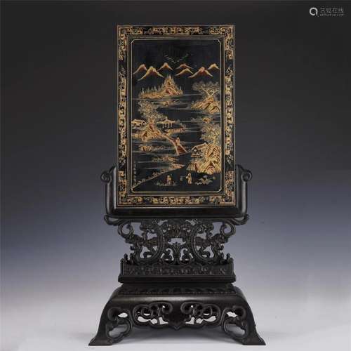 A Monochrome Lacquer And Gilt Table Screen