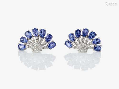 Fan-shaped stud earrings decorated with tanzanites and diamo...
