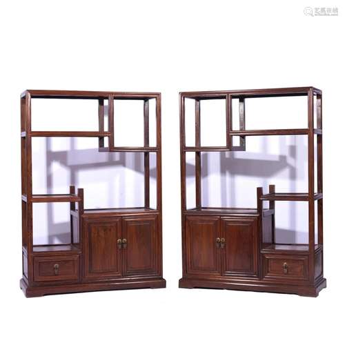 Pair Hardwood Antique-And-Curio Shelves