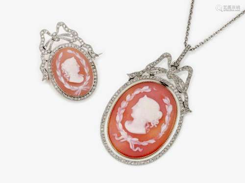 A pendant and brooch with carnelian layer gemstone and diamo...