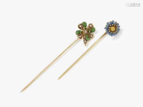 Two tie pins with cloverleaf and forget-me-not