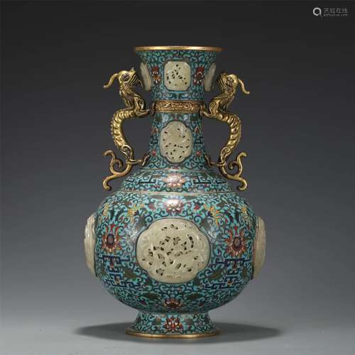 A Jade Inlaid Cloisonne Enamel Vase