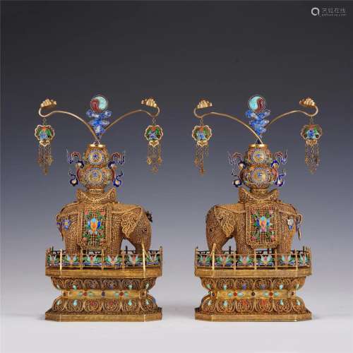 Pair Silver Gilt And Enameled Elephant Decorations