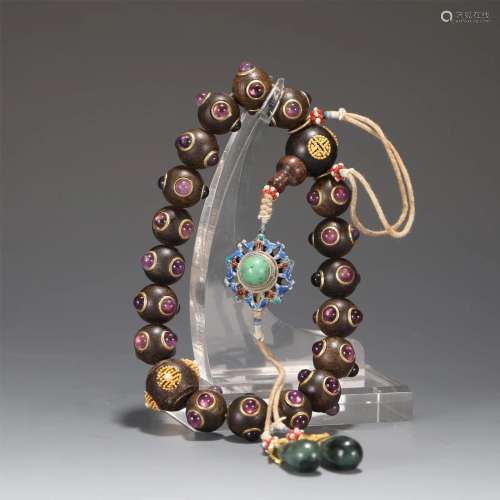 A Hard-Stones Inlaid Hardwood Prayer Beads