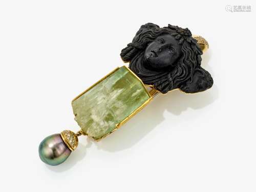 A pendant with beryl, lava stone, Tahitian cultured pearl an...