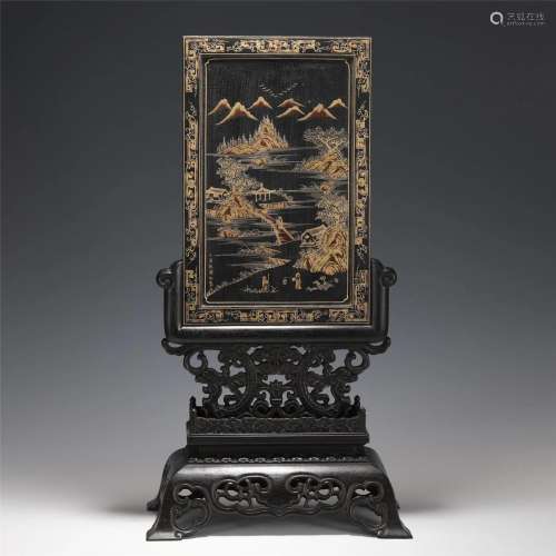 A Monochrome Lacquer And Gilt Table Screen