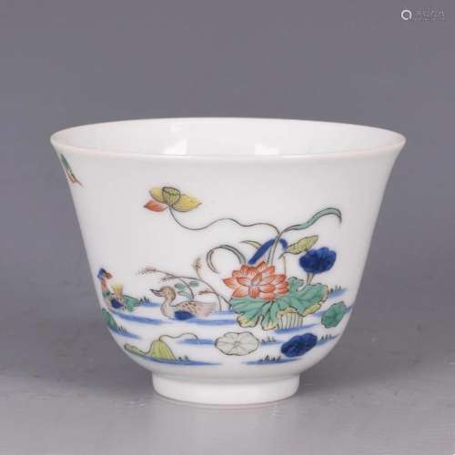 Doucai-Glazed 'Lotus Pond' Porcelain Cup, Kangxi M...