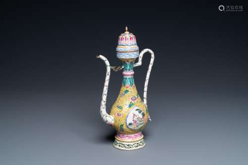 Lot 772: A CHINESE CANTON ENAMEL EWER AND COVER, QIANLONG