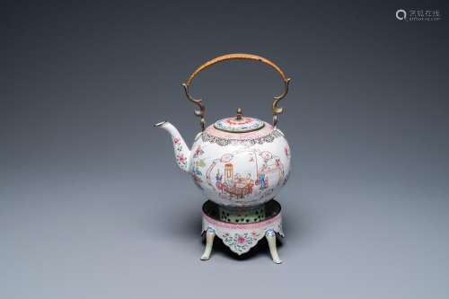 Lot 775: A CHINESE CANTON ENAMEL TEAPOT ON WARMING STAND, QI...