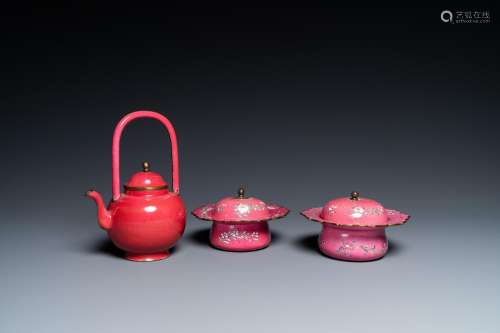 Lot 776: A CHINESE RUBY-GROUND CANTON ENAMEL TEAPOT AND A PA...
