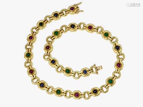 A necklace with rubies, sapphires and emeralds