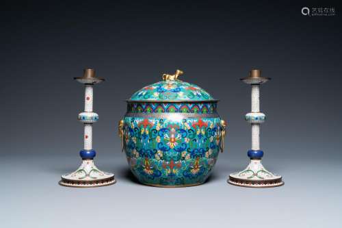 Lot 780: A CHINESE CLOISONNE BOWL AND COVER AND A PAIR OF CA...
