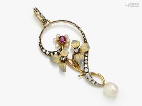 An Art Nouveau pendant with diamonds, rubies and pearls