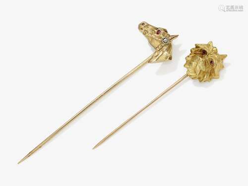 Two tie pins with horse's / dog's head