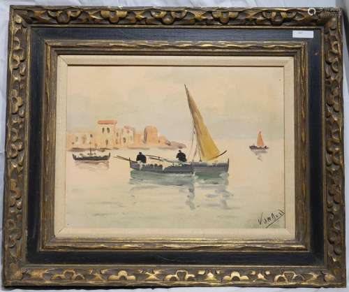 Framed Oil Painting of Boats, Signed