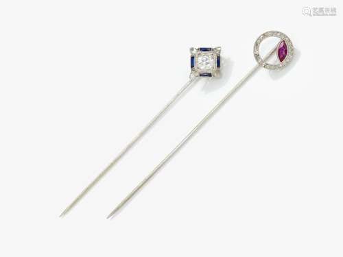 Two tie pins with rubies, diamonds and sapphires