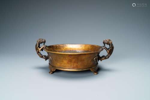 Lot 834: A LARGE CHINESE BRONZE TRIPOD CENSER WITH CHILONG H...