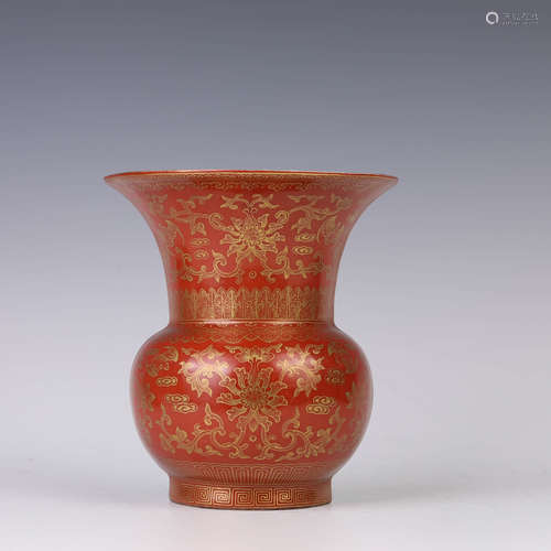 Red Ground and Gilt Decorated Flower Wall Vase