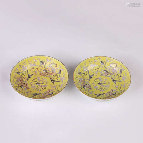 Pair of Yellow Ground Famille Rose Magpie Plates