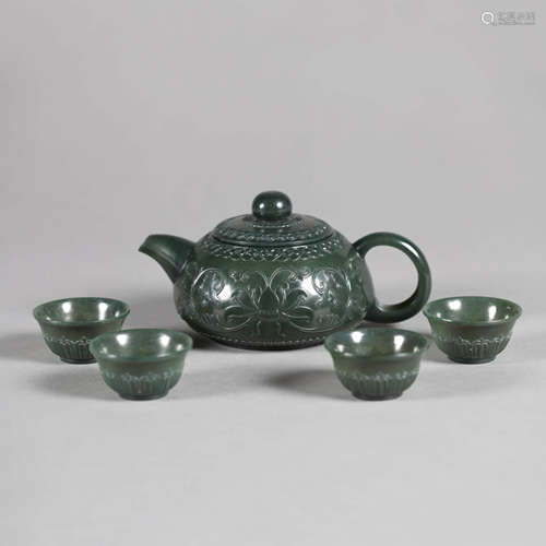 Spinach Green Jade Lotus Teapot and Cups Set