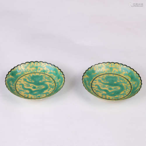 A  Pair of Yellow Ground Green Enameled Dragon Plates