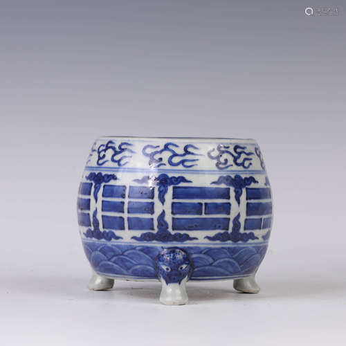 Blue and White Eight Trigrams Tripod Censer