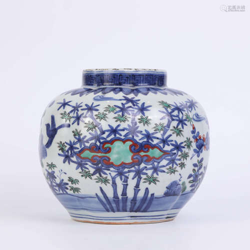 Wucai glaze Pine, Bamboo and Prunus Melon-shape Jar