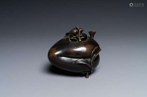 Lot 838: A CHINESE PEACH-SHAPED BRONZE CENSER AND COVER, QIN...