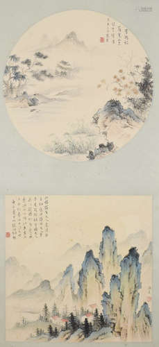 Chinese Landscape Painting Double Panel, Zhang Boju and PSu ...