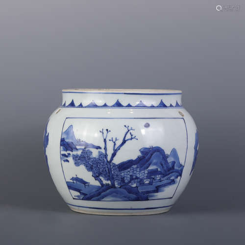 Blue and White Landscape and Figures Porridge Jar