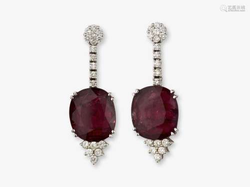 A pair of drop earrings with natural spinels and brilliant c...