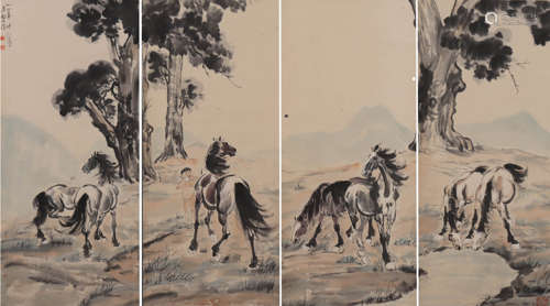 Chinese Horse  Painting Four Pieces, Xu Beihong Mark