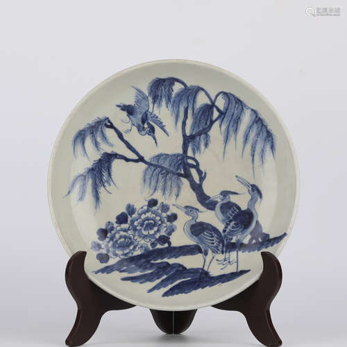 Blue and White Flower and Bird Plate