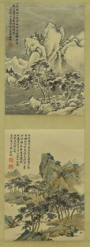 Chinese Landscape Painting Double Panel, Jin Cheng Mark