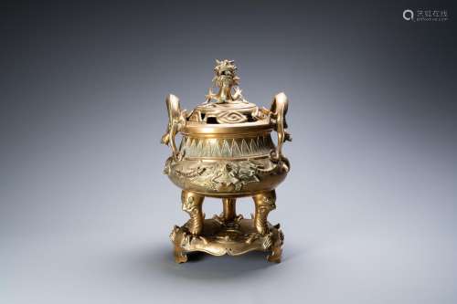 Lot 849: A LARGE CHINESE BRONZE CENSER AND COVER ON STAND WI...