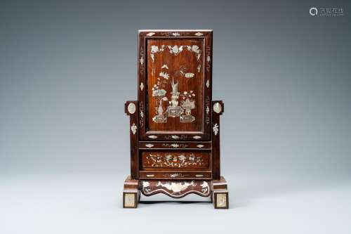 Lot 867: A CHINESE MOTHER-OF-PEARL-INLAID WOODEN TABLE SCREE...