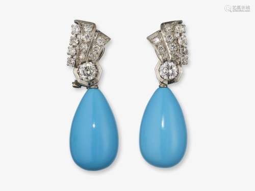 A pair of drop earrings with turquoise drops and brilliant c...