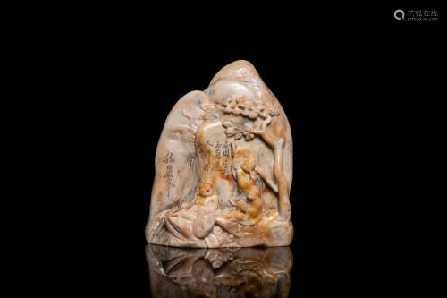 Lot 879: A CHINESE SHOUSHAN SOAPSTONE SEAL GROUP DEPICTING F...