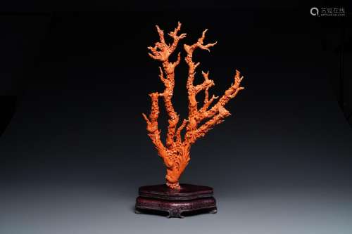 Lot 882: A LARGE CHINESE CARVED RED CORAL GROUP WITH BIRDS O...