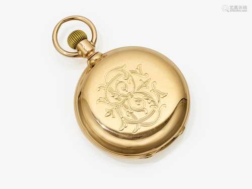 A hunter-case pocket watch with day and date display and moo...