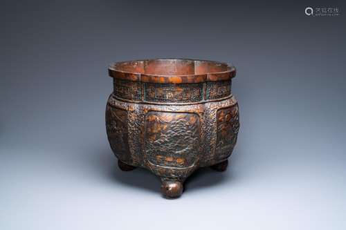 Lot 853: A CHINESE HEXAFOIL GOLD-SPLASHED BRONZE JARDINIERE,...