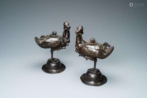 Lot 859: A PAIR OF CHINESE BRONZE CENSERS MODELLED AS DUCKS ...