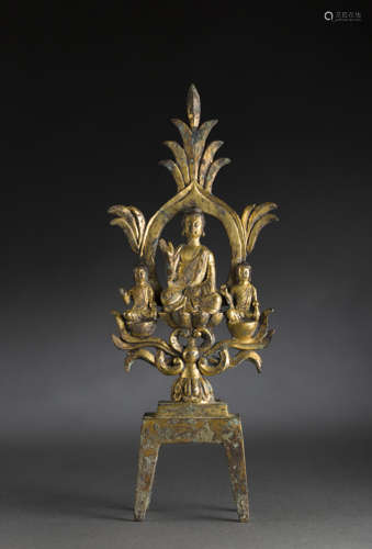 Copper and Golden Tri-Buddha Statue from Qing